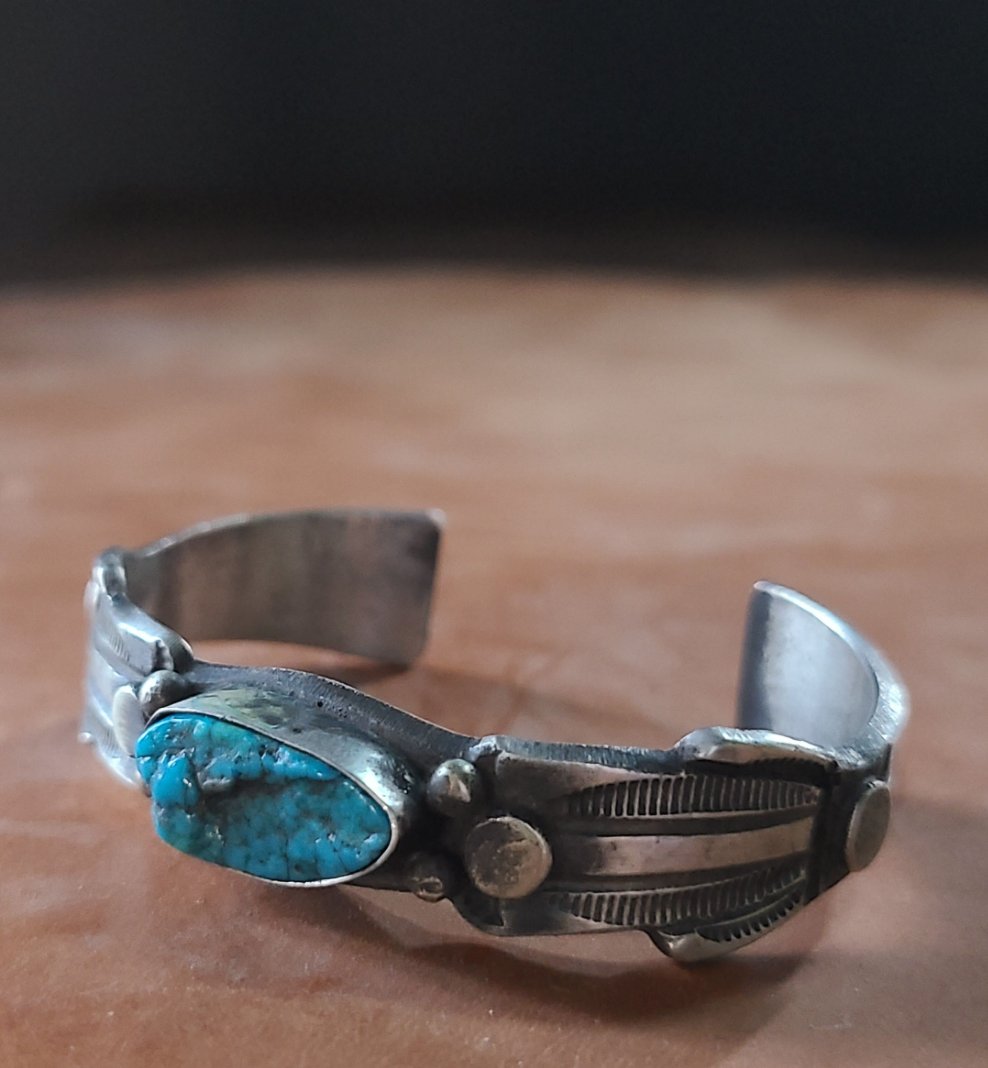 Sterling Silver Turquoise Cuff Handmade and Signed by Navajo Artist Chimney Butte