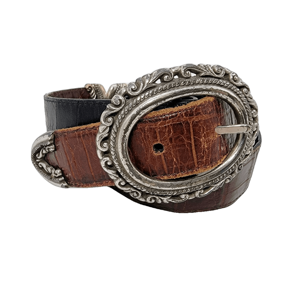 Two Tone Reversible Leather Belt With Silver Oval Buckle Vintage Western