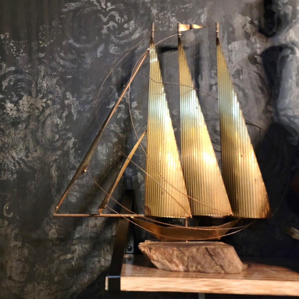 Vintage Brass Clipper Ship Sailboat Mcm Decor Statue On Marble Slab