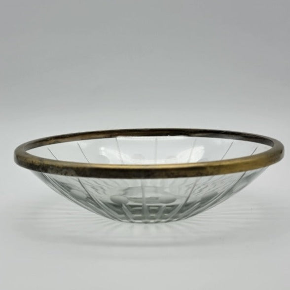 Vintage Cut Glass / Crystal Garnish Bowl Metal Band Rim Glassware