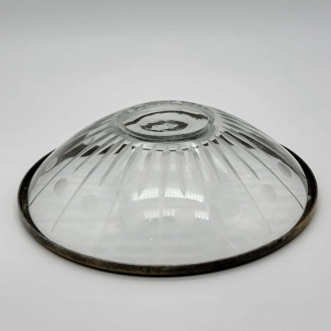 Vintage Cut Glass / Crystal Garnish Bowl Metal Band Rim Glassware