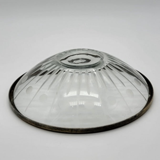 Vintage Cut Glass / Crystal Garnish Bowl Metal Band Rim Glassware
