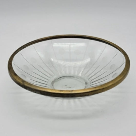 Vintage Cut Glass / Crystal Garnish Bowl Metal Band Rim Glassware