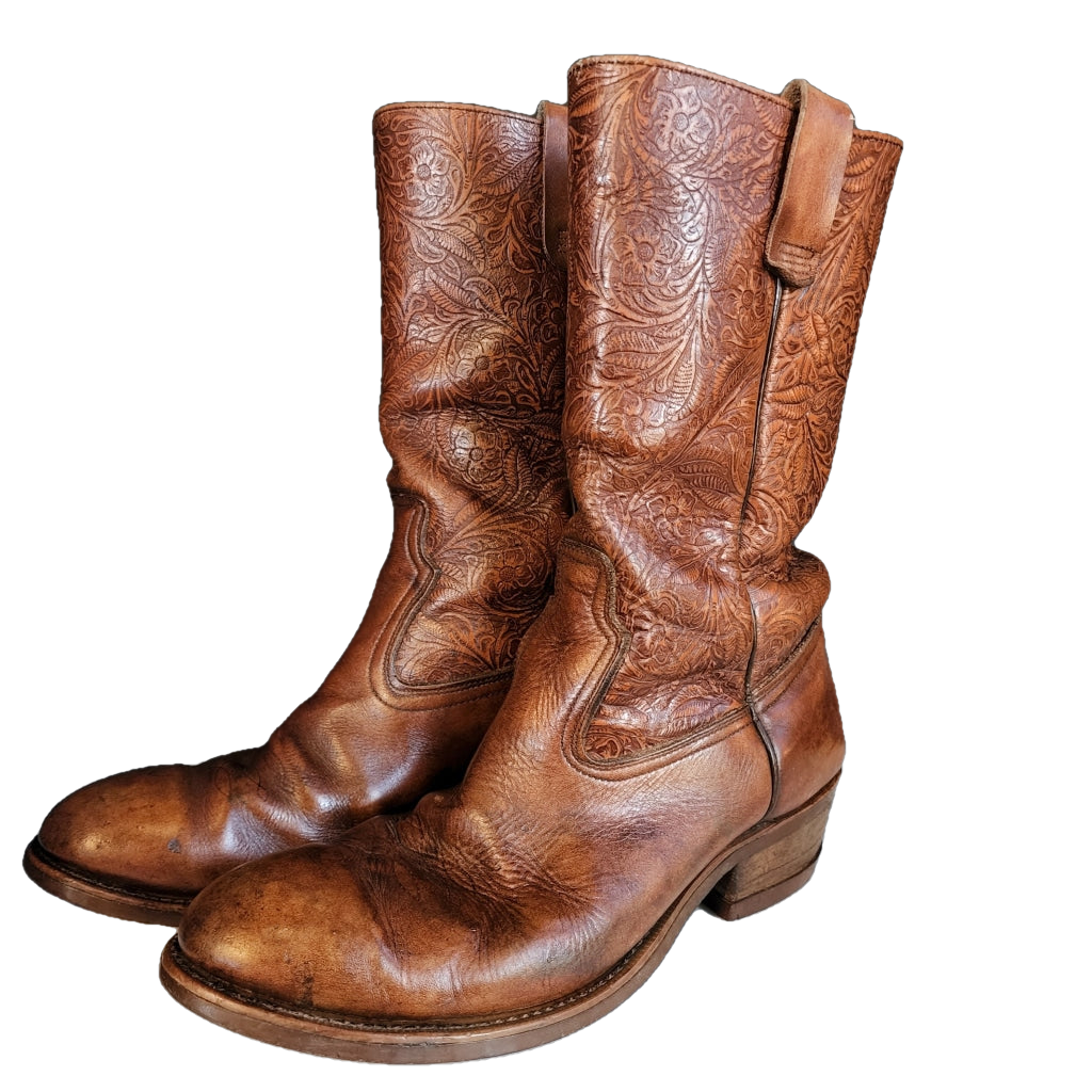 Vintage Floral Embossed Cognac Western Boots M 9.5 W 11