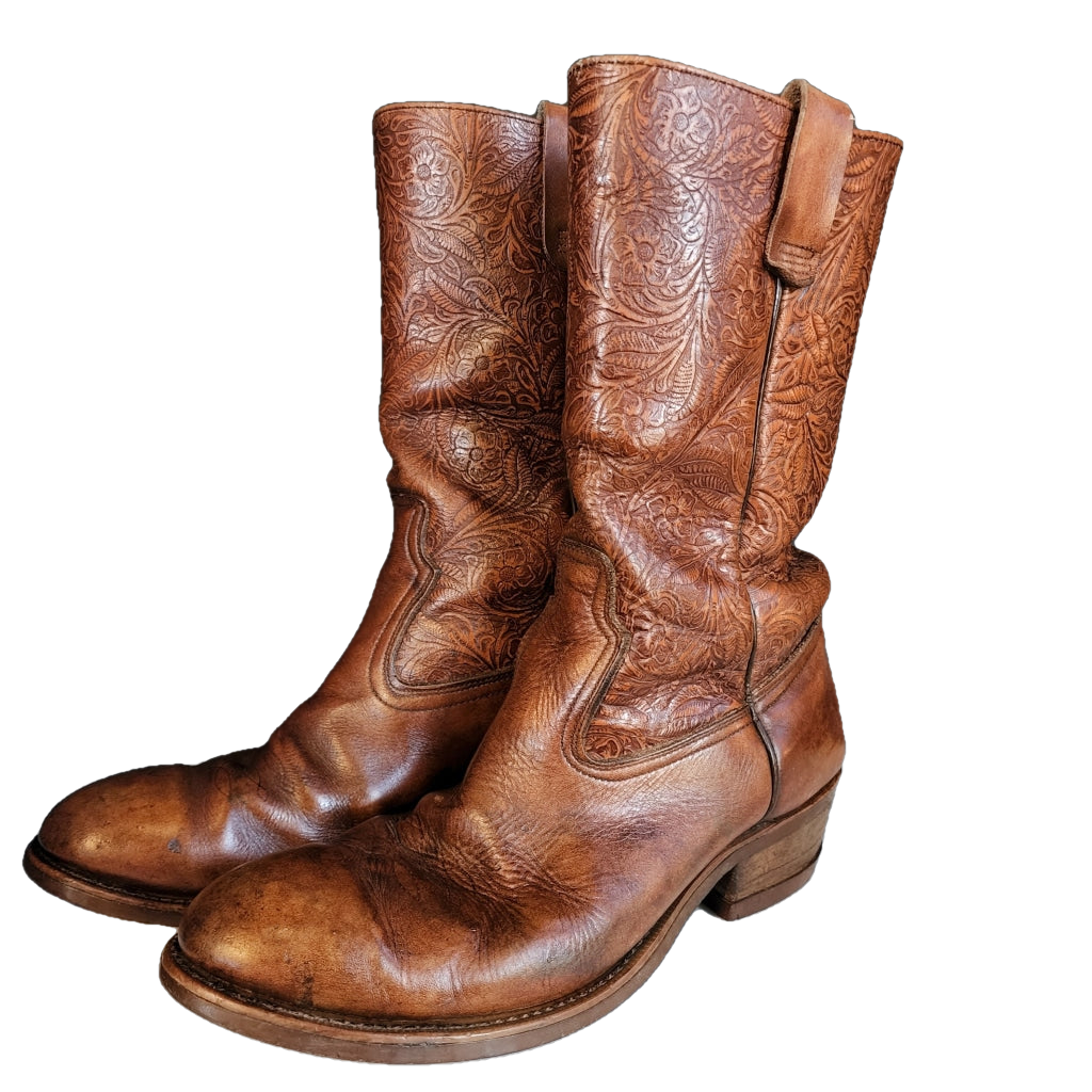 Vintage Floral Embossed Cognac Western Boots M 9.5 / W 11 Boot