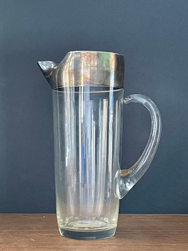 Vintage Glass Drink Pitcher With Silver Band Bar