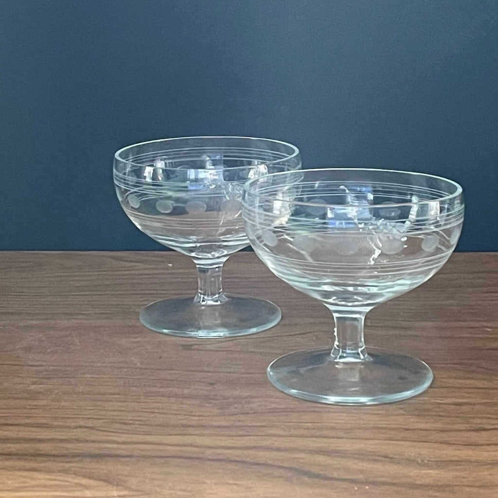 Vintage Glassware - Clear Coupe With Etched Design Set 2