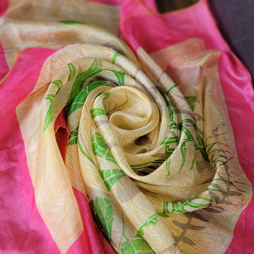 Vintage Scarf W/Plants And Pink Border