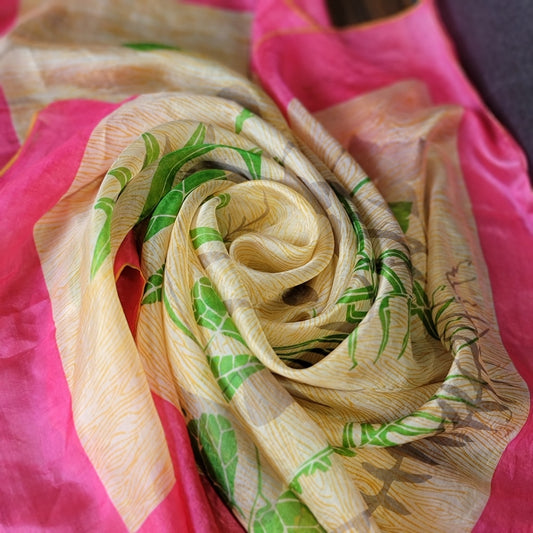 Vintage Scarf W/Plants And Pink Border