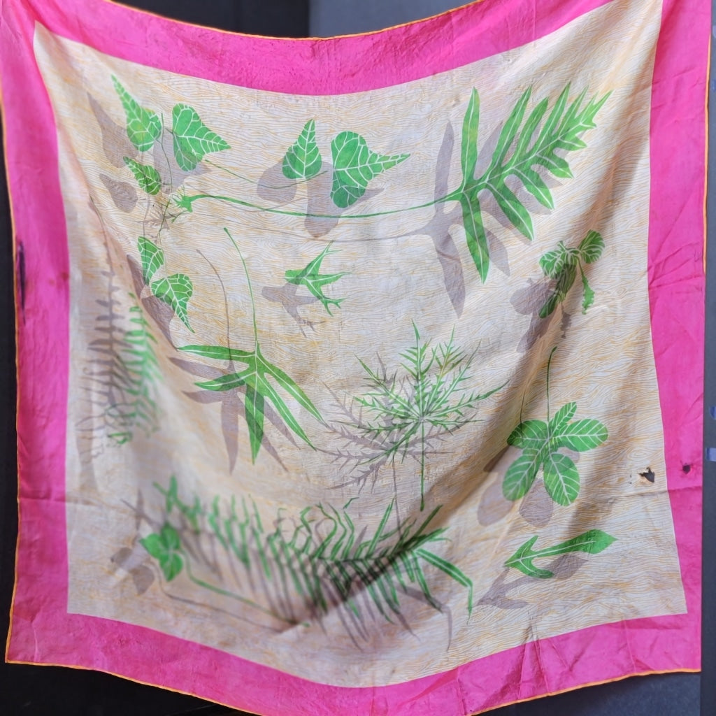 Vintage Scarf W/Plants And Pink Border
