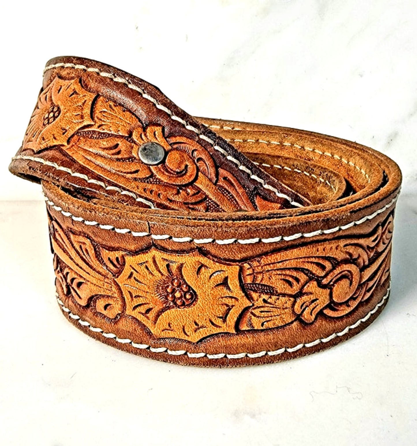 Vintage Western Belt With Hand Tooled Flowers