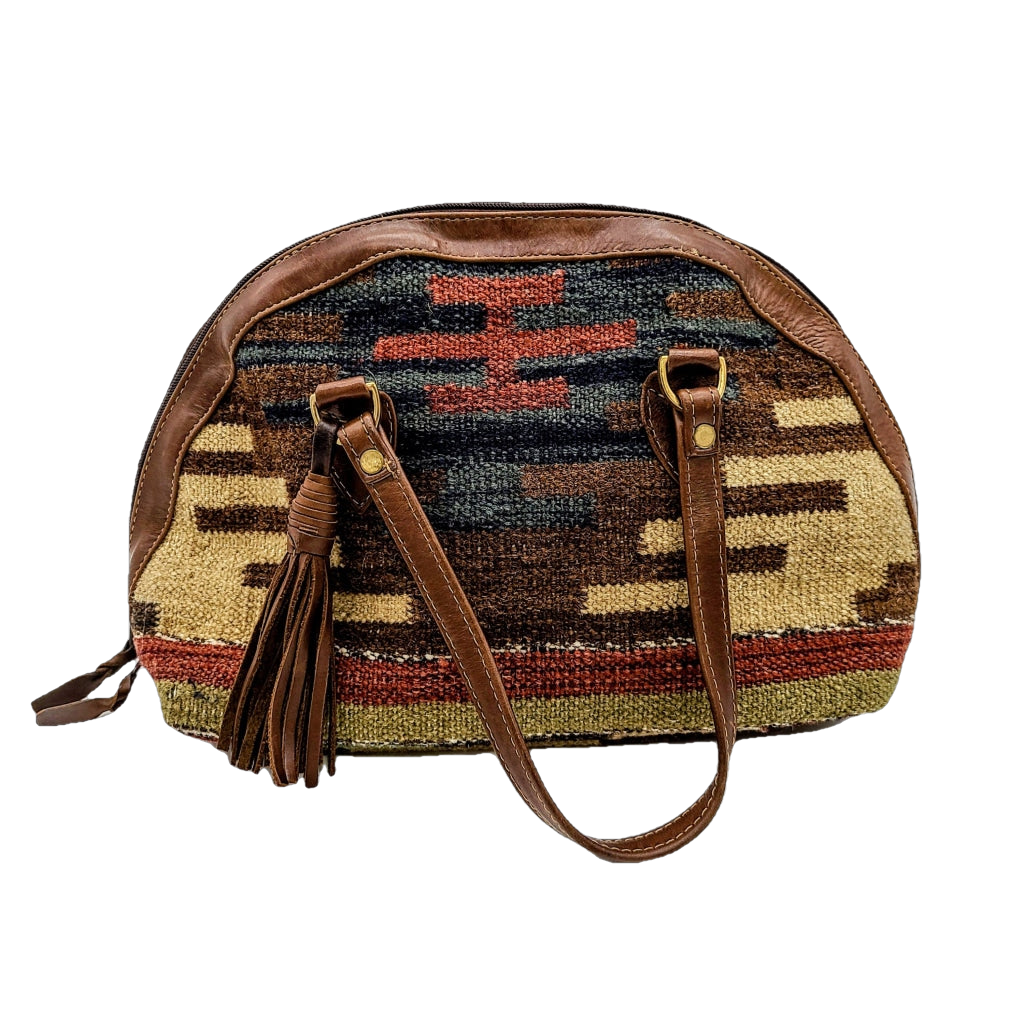 Vintage Handbags - Western Brown Leather And Textile Dome Bag