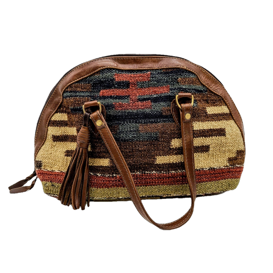 Vintage Handbags - Western Brown Leather And Textile Dome Bag