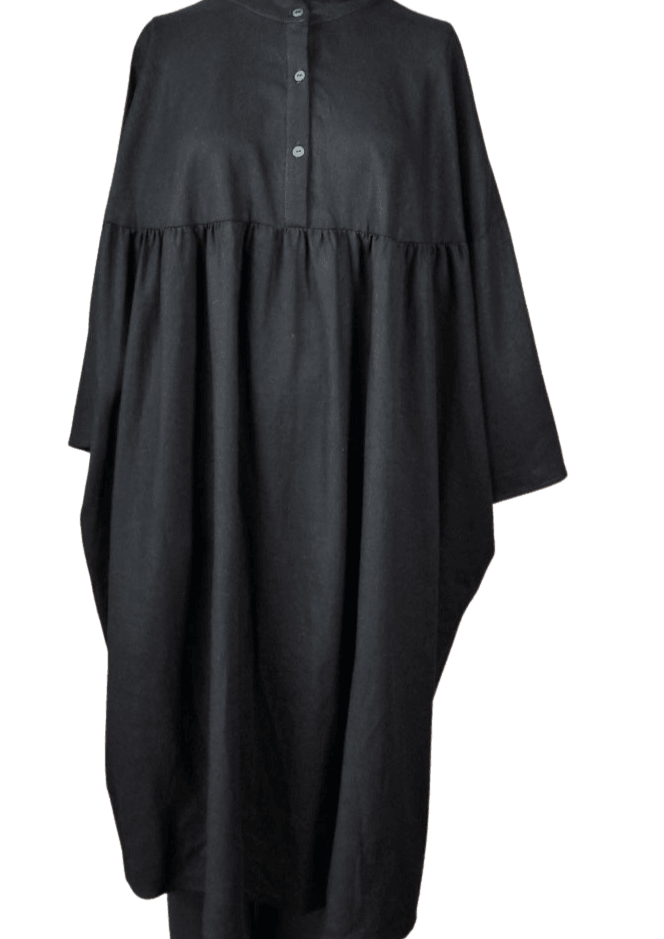 Long Sleeve Henley Gathered Dress Pockets Linen Rayon